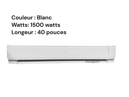 Plinthe chauffante en métal blanc, 40 po x 1500 Watts/240 Volts