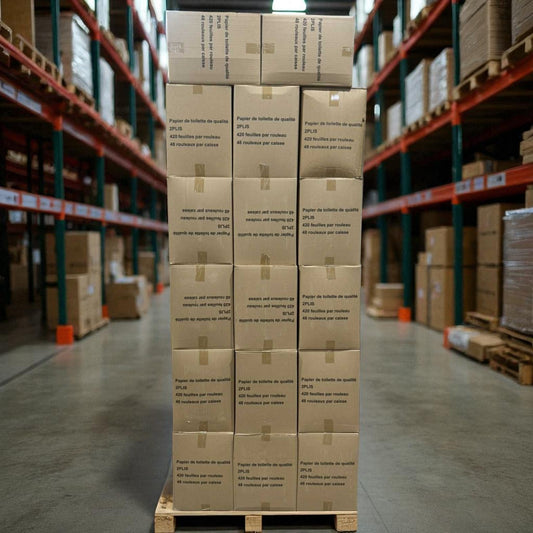 SERVICE AUX ENTREPRISES: Palette et boite de papier hygiénique à 2 épaisseur, emballage individuel, boite de 48 rouleaux