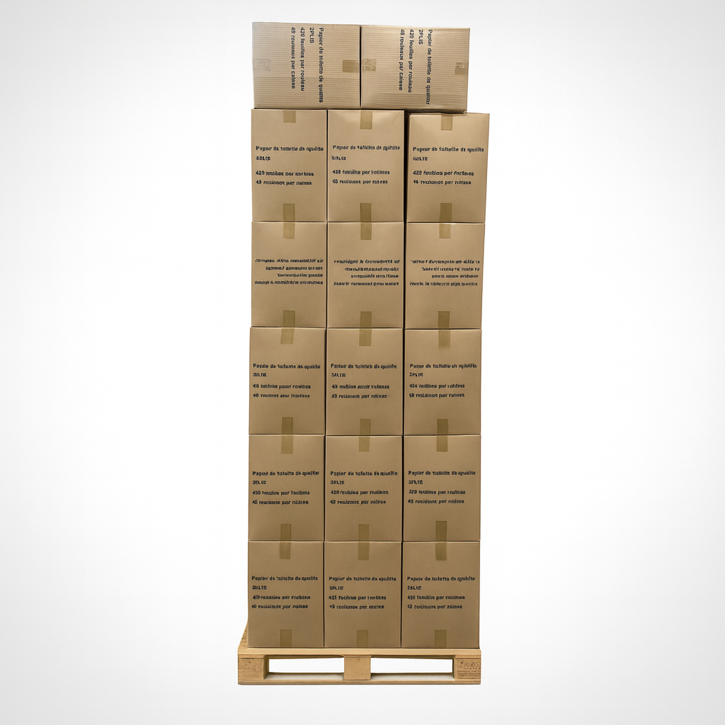 Palette et boite de papier hygiénique à 2 épaisseur, emballage individuel, boite de 48 rouleaux