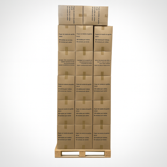Palette et boite de papier hygiénique à 2 épaisseur, emballage individuel, boite de 48 rouleaux