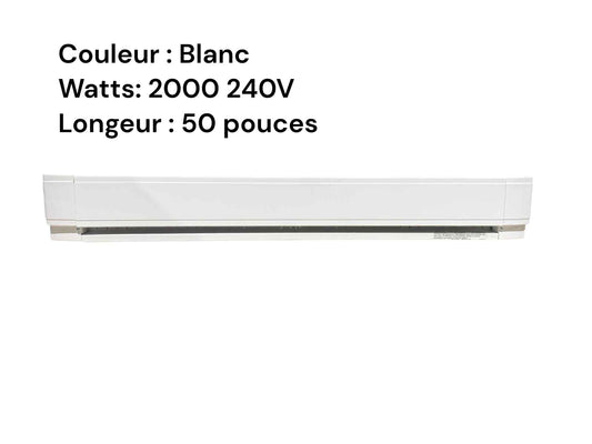 Plinthe chauffante en métal blanc, 50 po x 2000 Watts/240 Volts