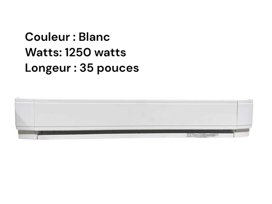 Plinthe chauffante en métal blanc, 35 po x 1250 Watts/240 Volts